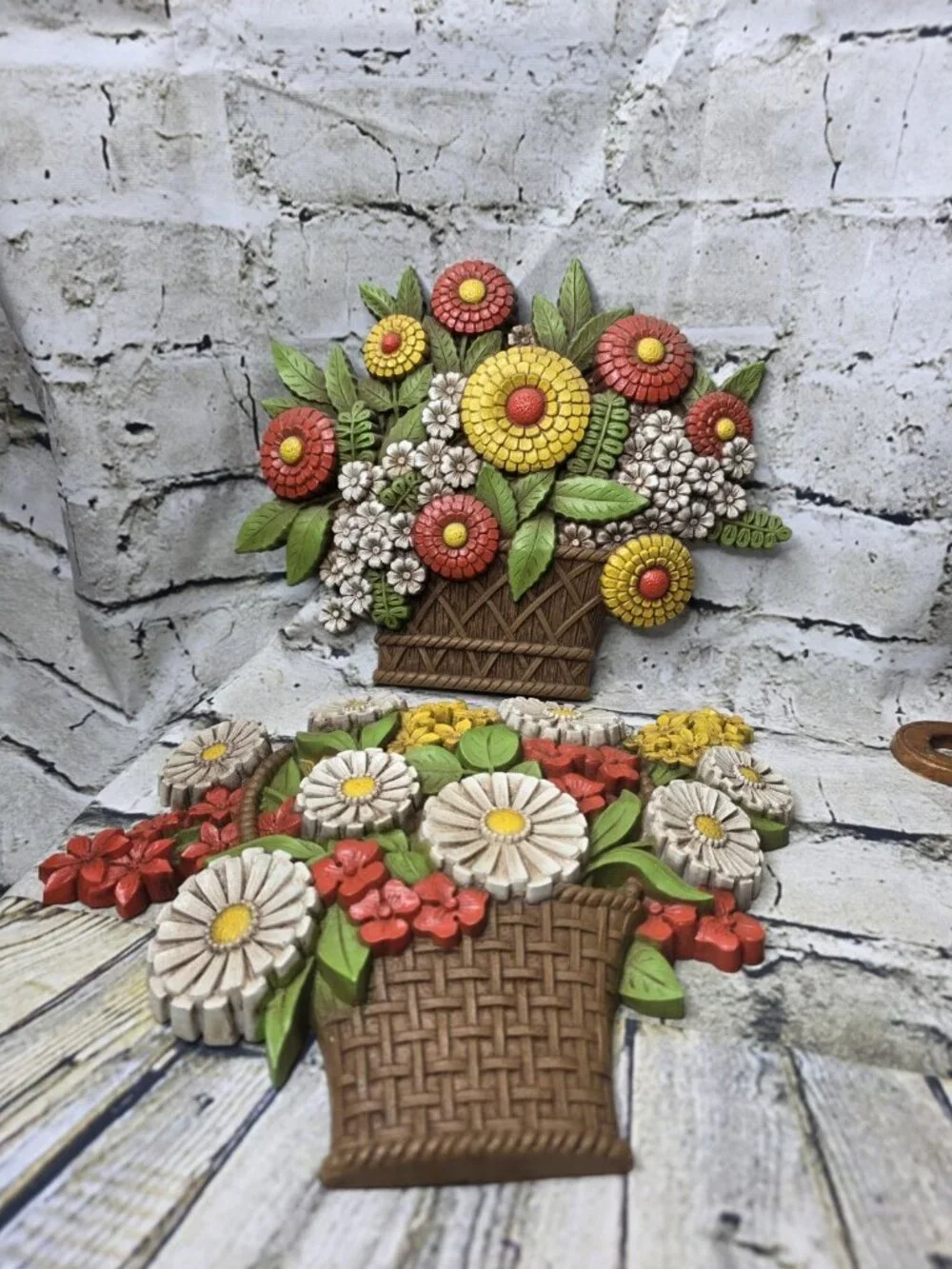 2 Vtg Syroco Molded Plastic Flower Basket Wall Plaques Decor Retro 1975 USA 11